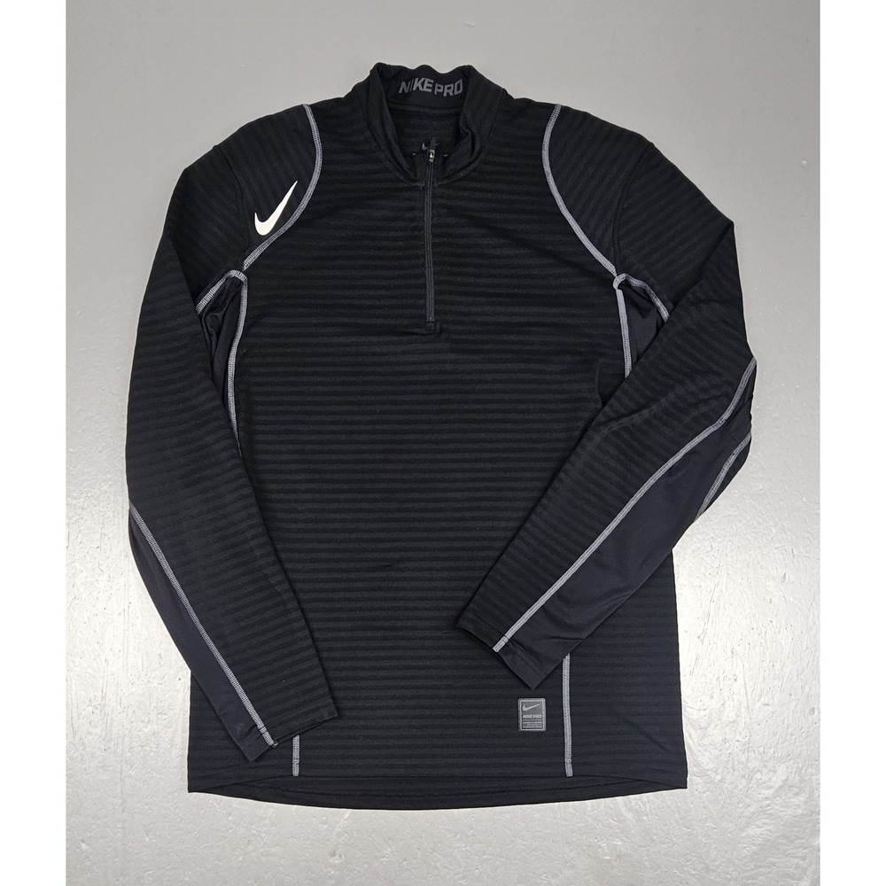 Nike Pro Qt Zip Pullover Mens Large Black Dri-Fit Ribbed Performance Longsleeve